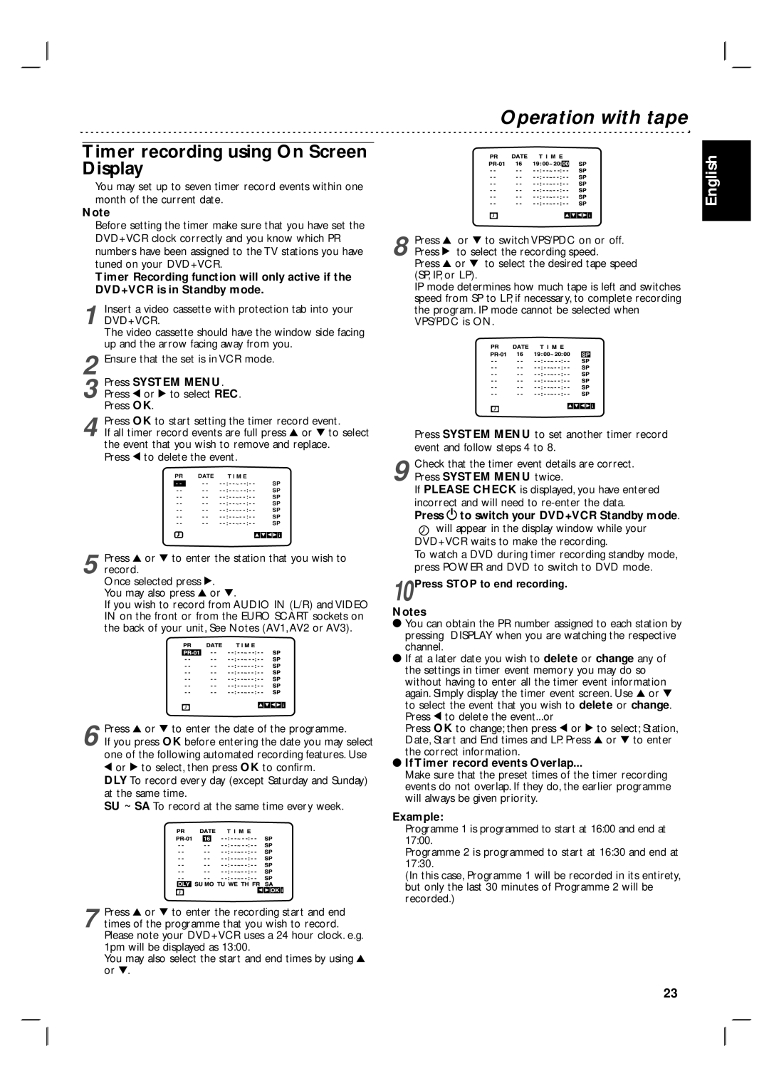 Philips DVP3055V/19 Timer recording using On Screen Display, Event that you wish to remove and replace, Example 