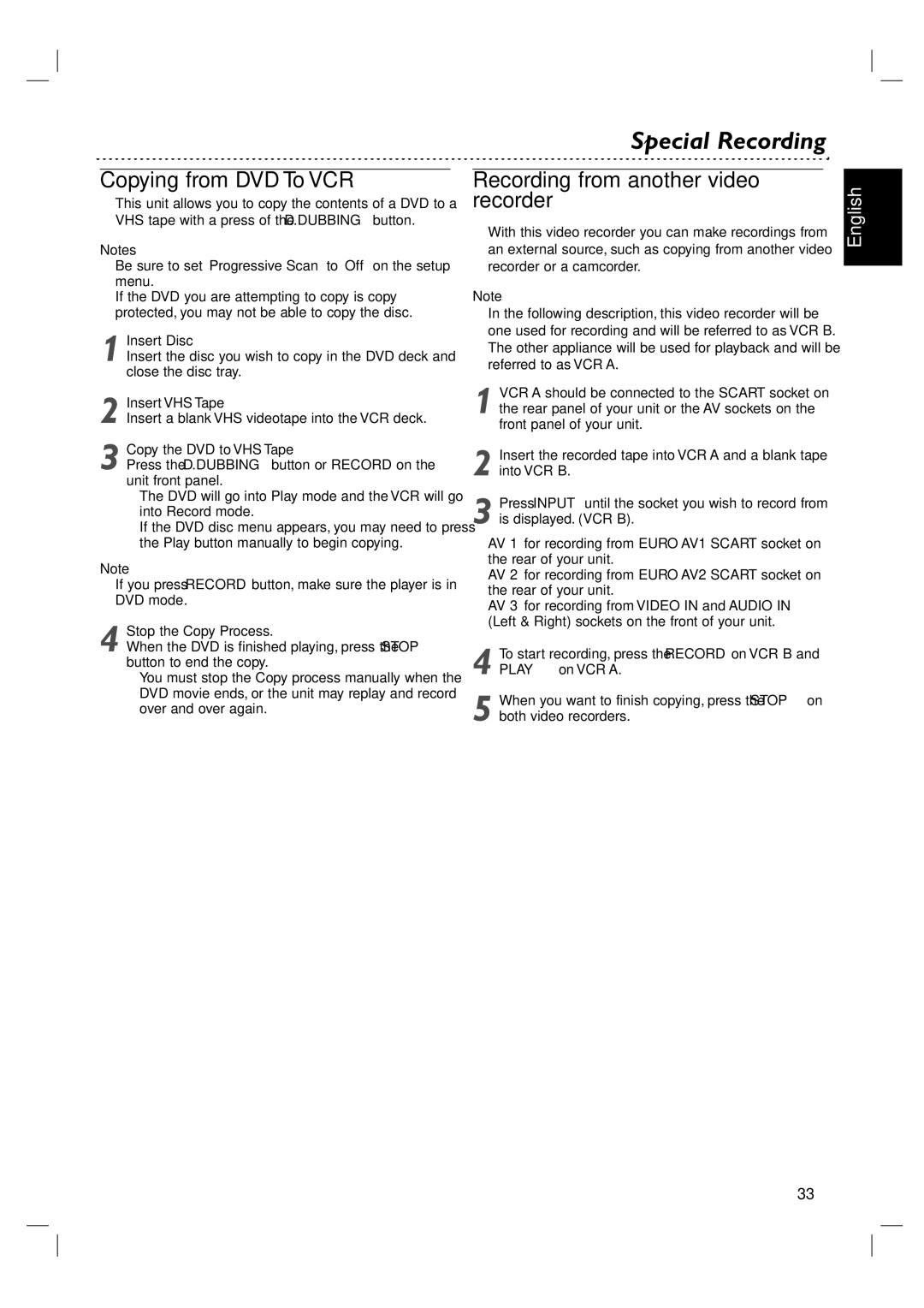 Philips DVP3055V/19 owner manual Special Recording, Copying from DVD To VCR, Recording from another video recorder 