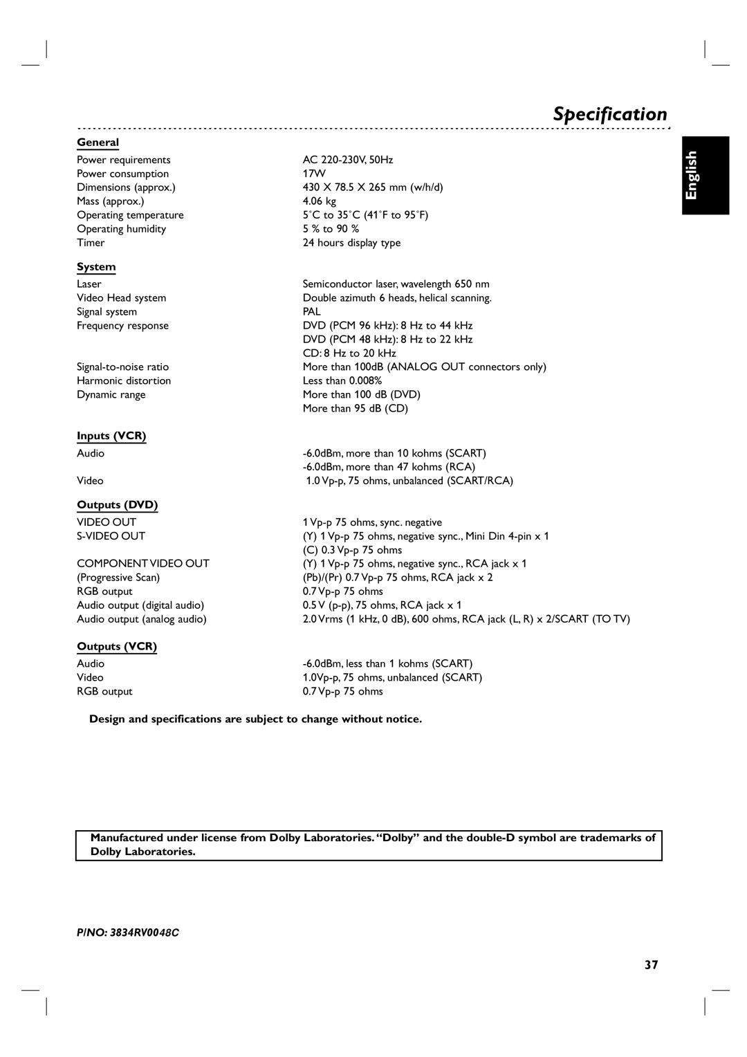 Philips DVP3055V/19 owner manual Specification 