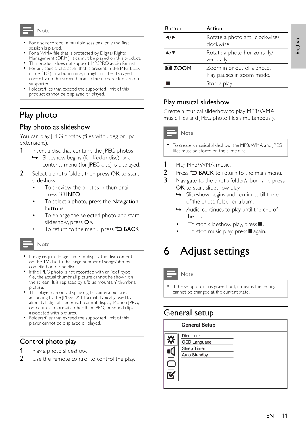 Philips DVP3100/79 user manual Adjust settings, General setup, Play photo as slideshow, Control photo play 