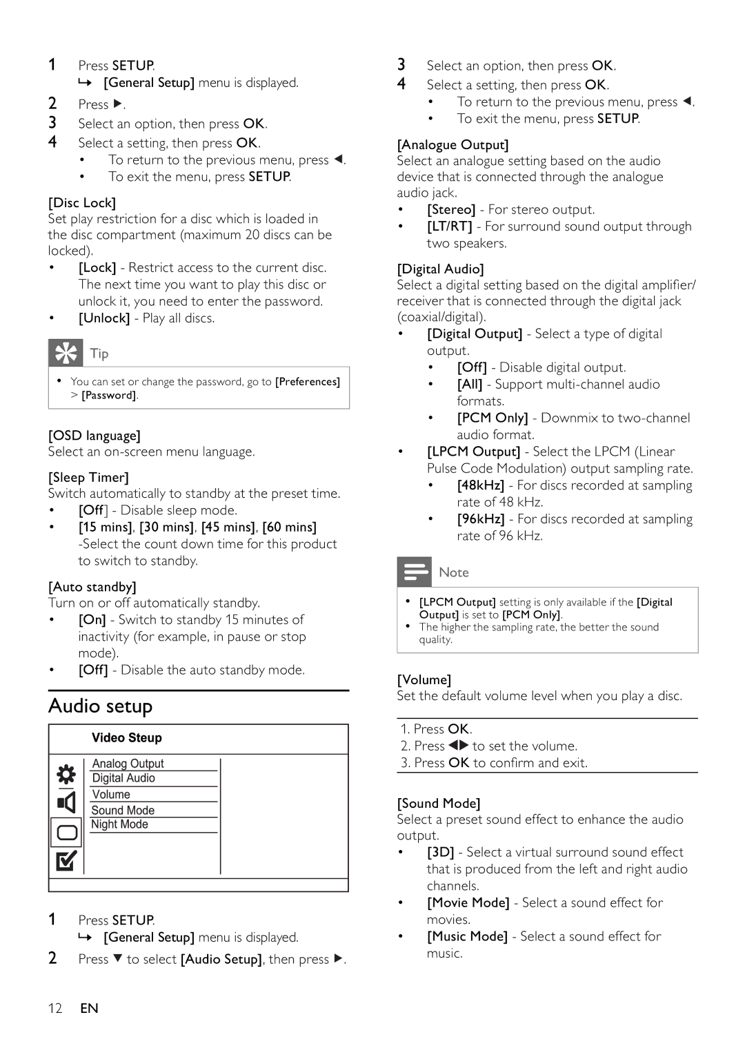 Philips DVP3100/79 user manual Audio setup, Unlock Play all discs 