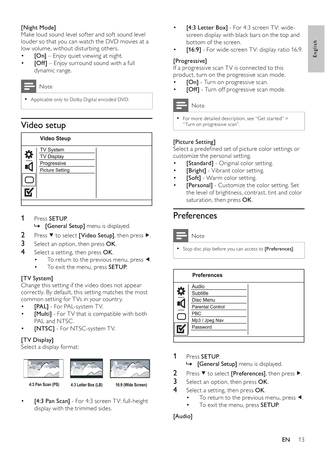 Philips DVP3100/79 user manual Video setup, Preferences 