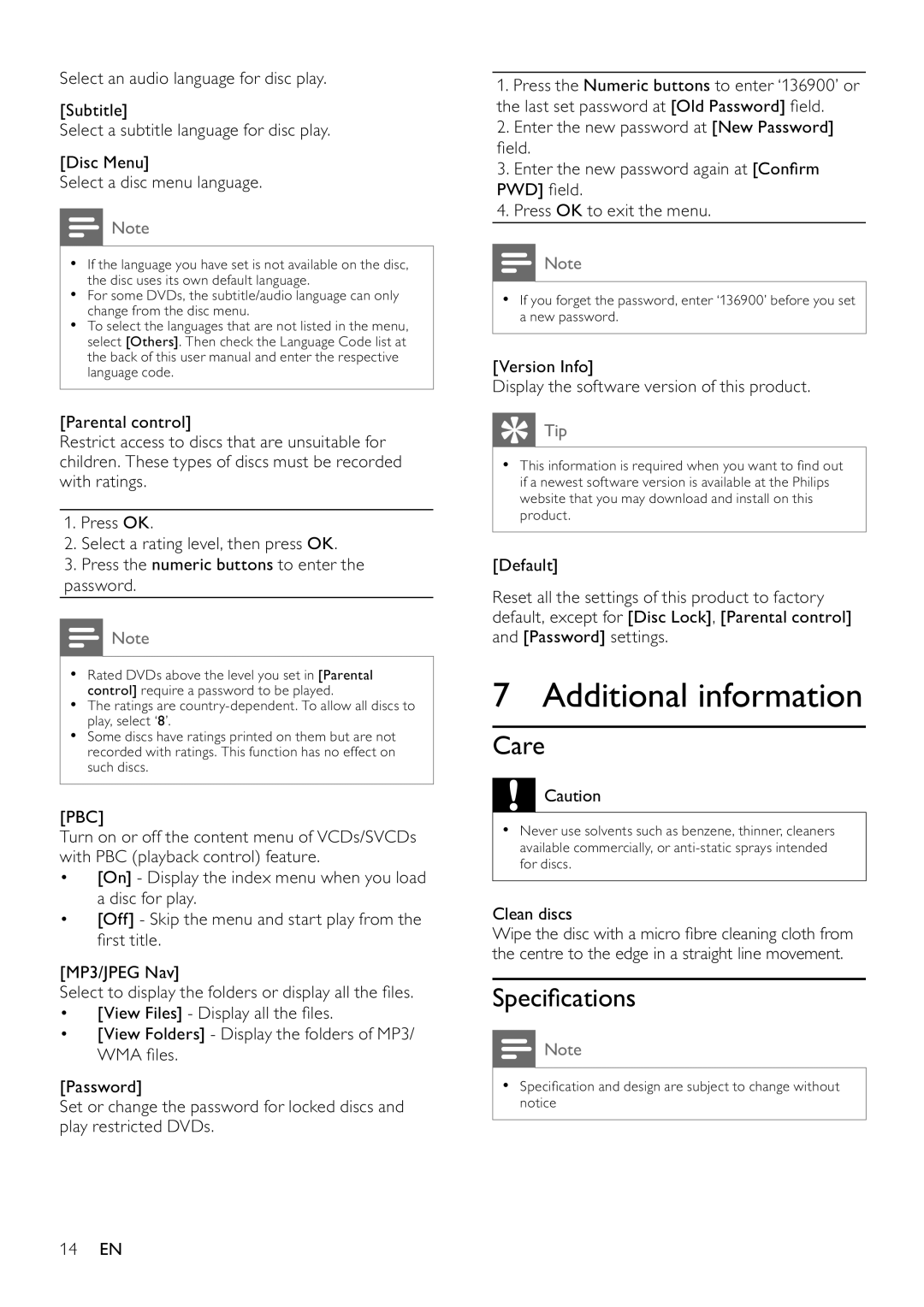 Philips DVP3100/79 user manual Additional information, Care, Speciﬁ cations, Pbc 