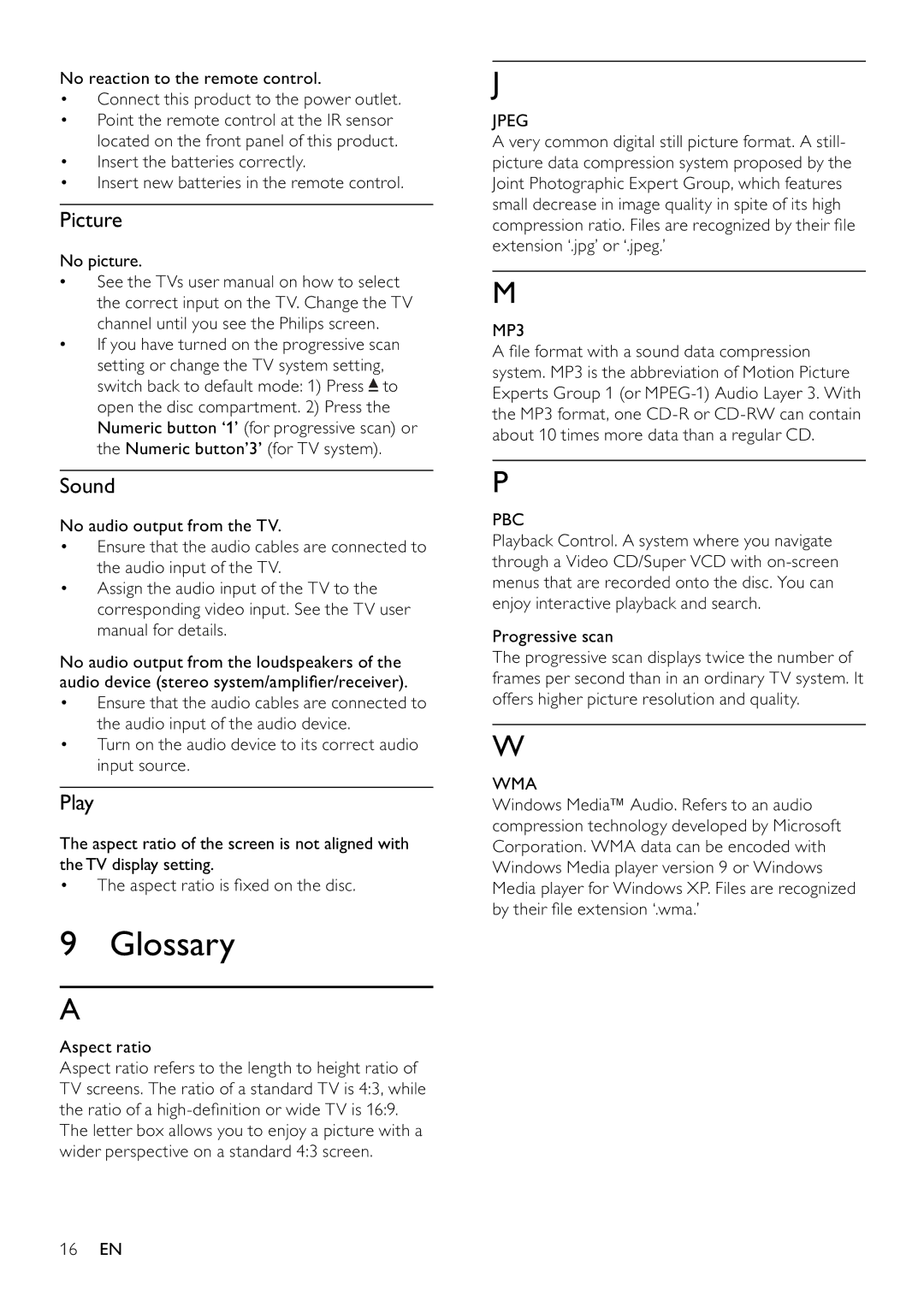 Philips DVP3100/79 user manual Glossary, Picture, Sound, Play 