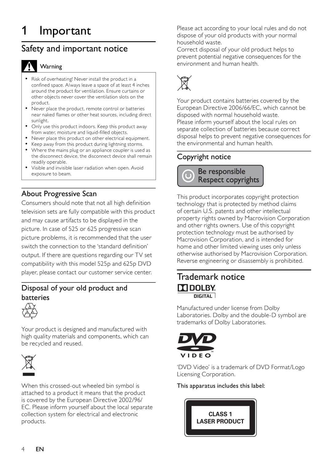 Philips DVP3100/79 user manual Safety and important notice, Trademark notice, Copyright notice About Progressive Scan 