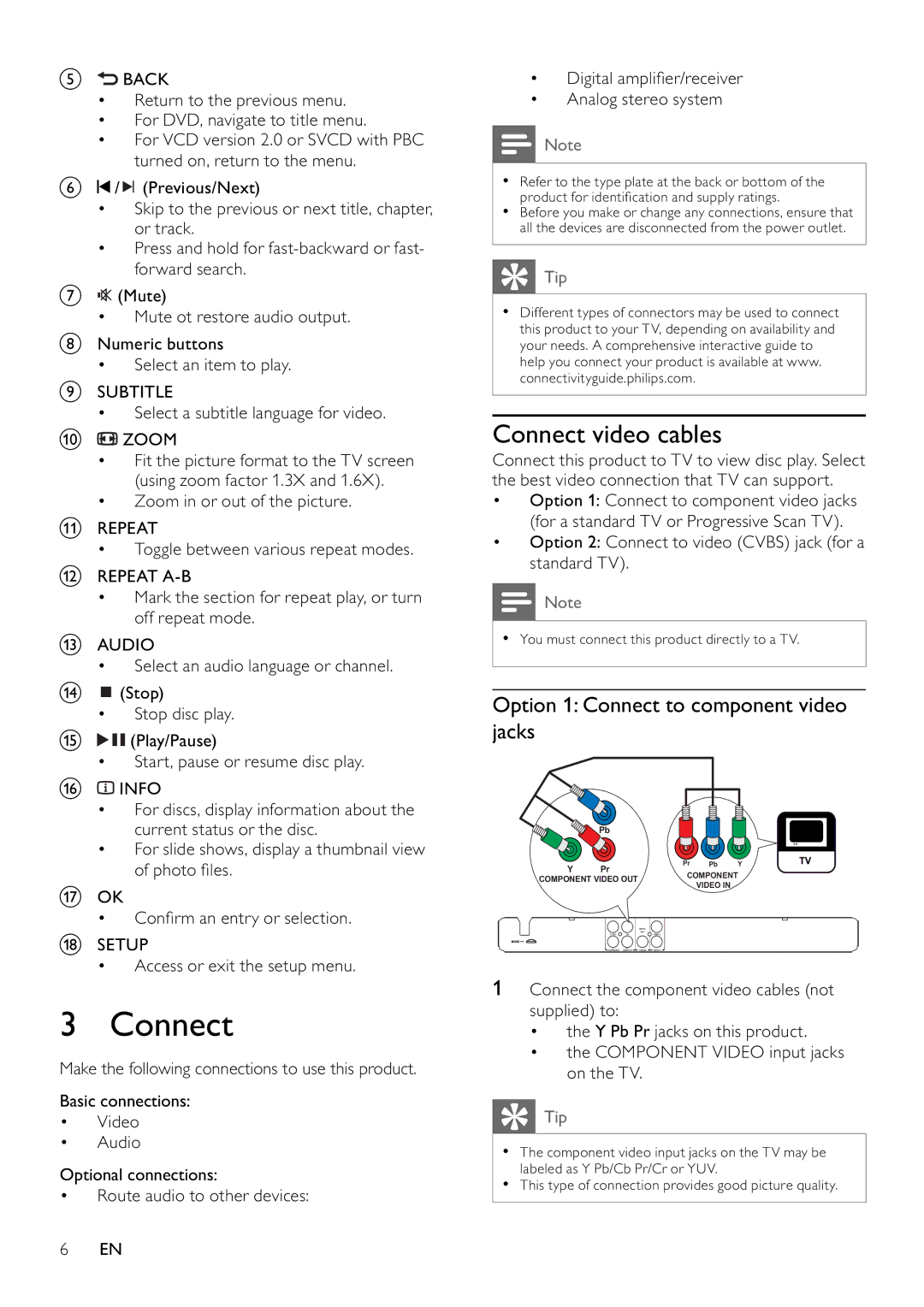 Philips DVP3100/79 user manual Connect video cables, Option 1 Connect to component video jacks 