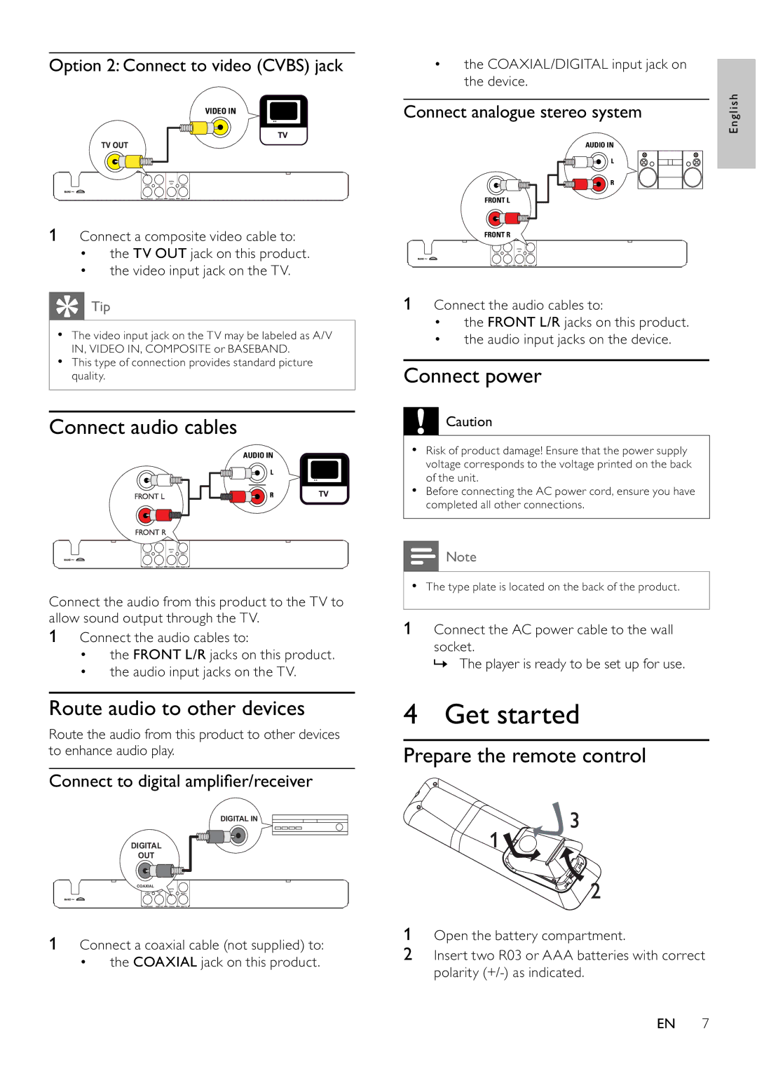 Philips DVP3100/79 user manual Get started, Connect audio cables, Route audio to other devices, Connect power 