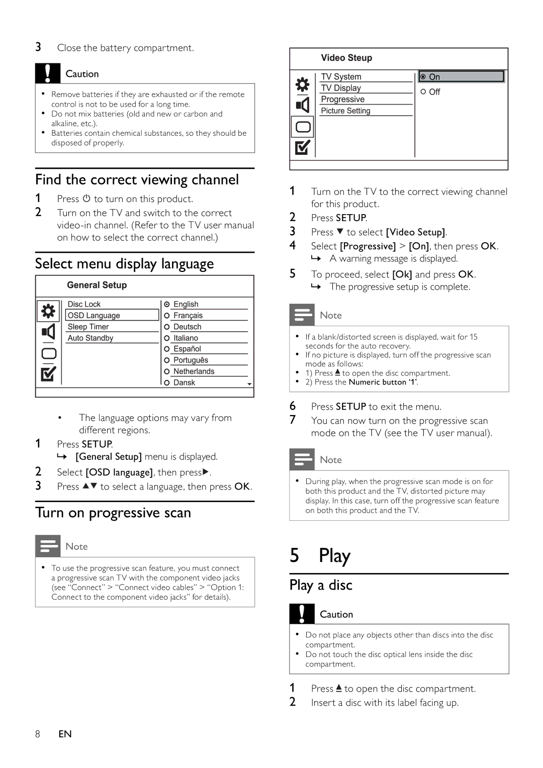 Philips DVP3100/79 Play, Find the correct viewing channel, Select menu display language, Turn on progressive scan 