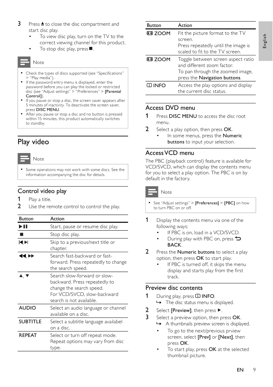 Philips DVP3100/79 user manual Play video, Control video play, Access DVD menu, AccessVCD menu, Preview disc contents 