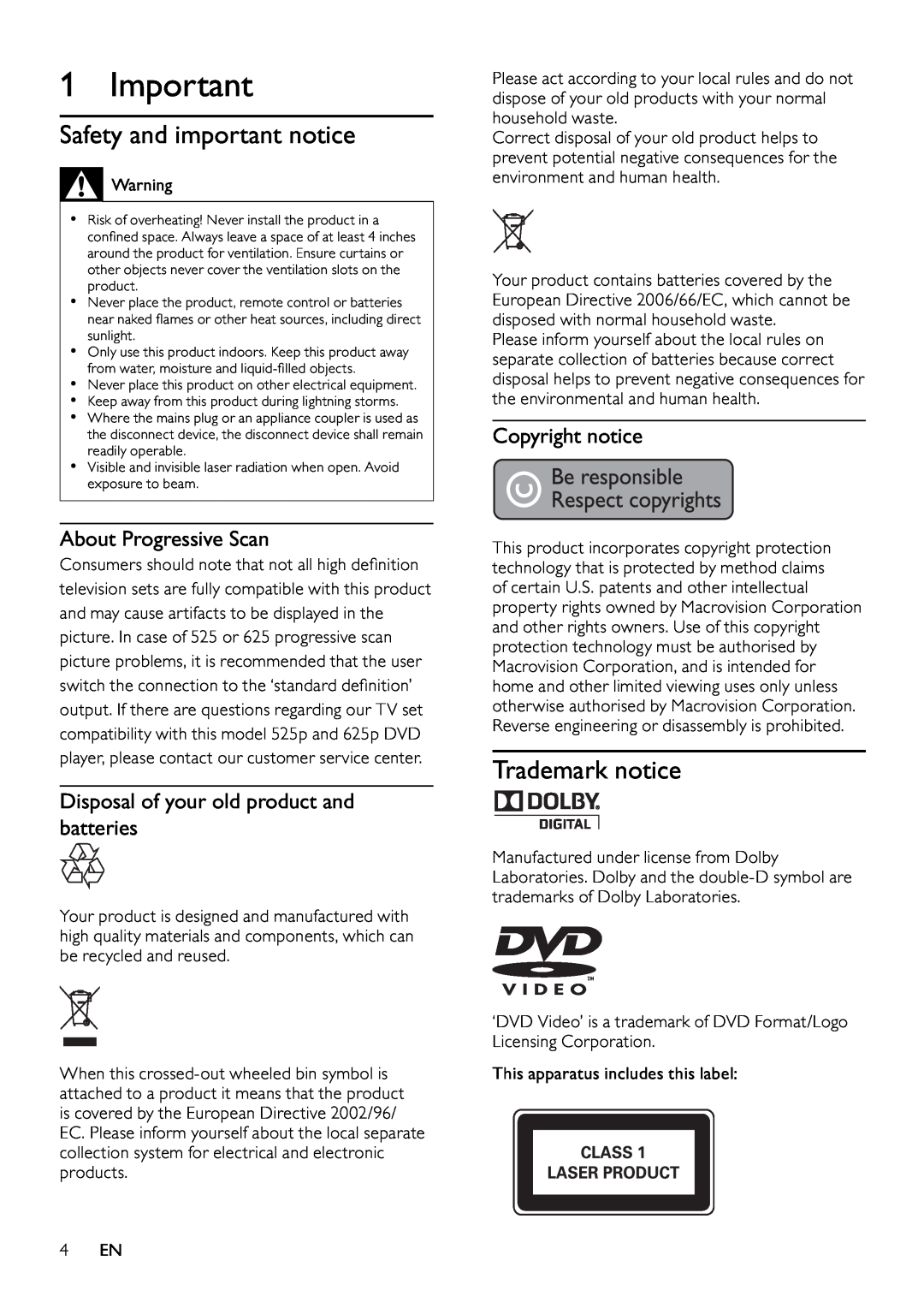 Philips DVP3100/79 Important, Safety and important notice, Trademark notice, Copyright notice, About Progressive Scan 