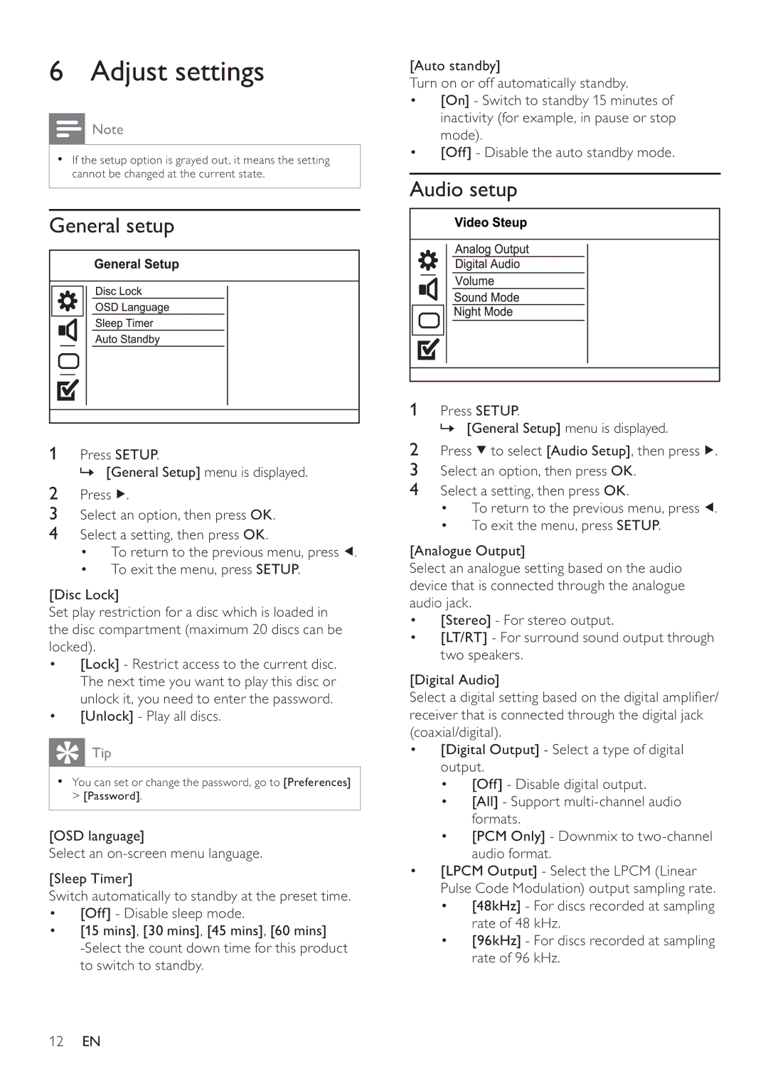 Philips DVP3100/96 user manual Adjust settings, General setup, Audio setup, ‡ Unlock Play all discs 