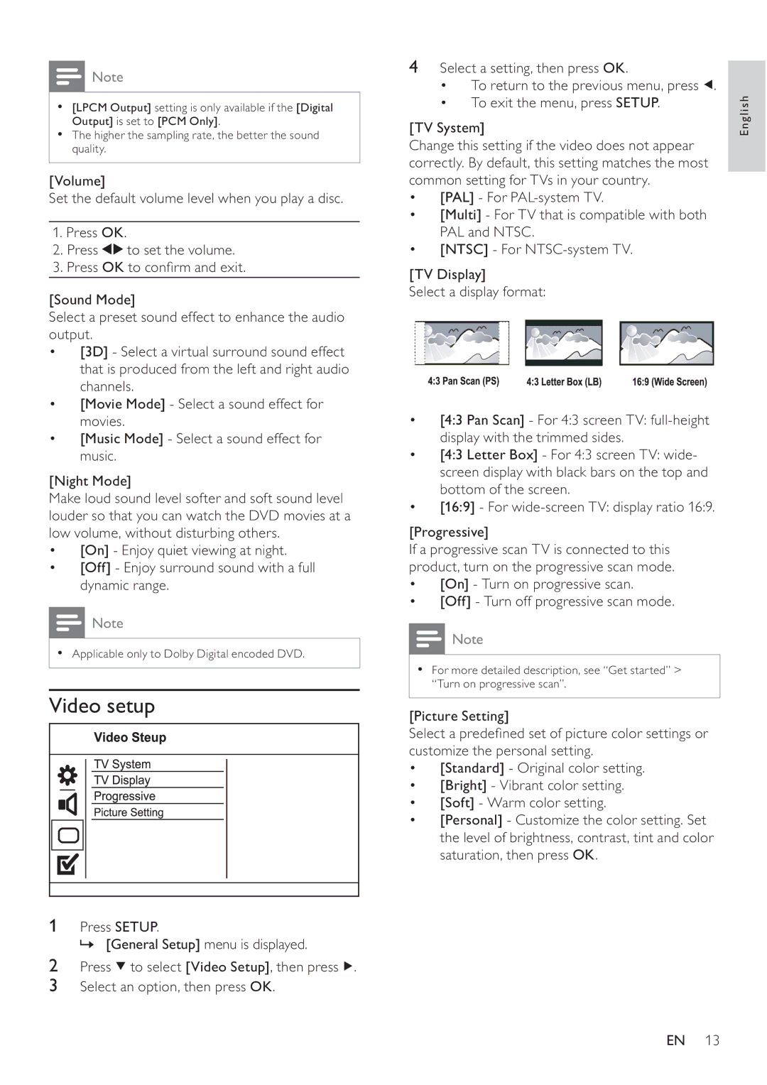 Philips DVP3100/96 user manual Video setup, Picture Setting 