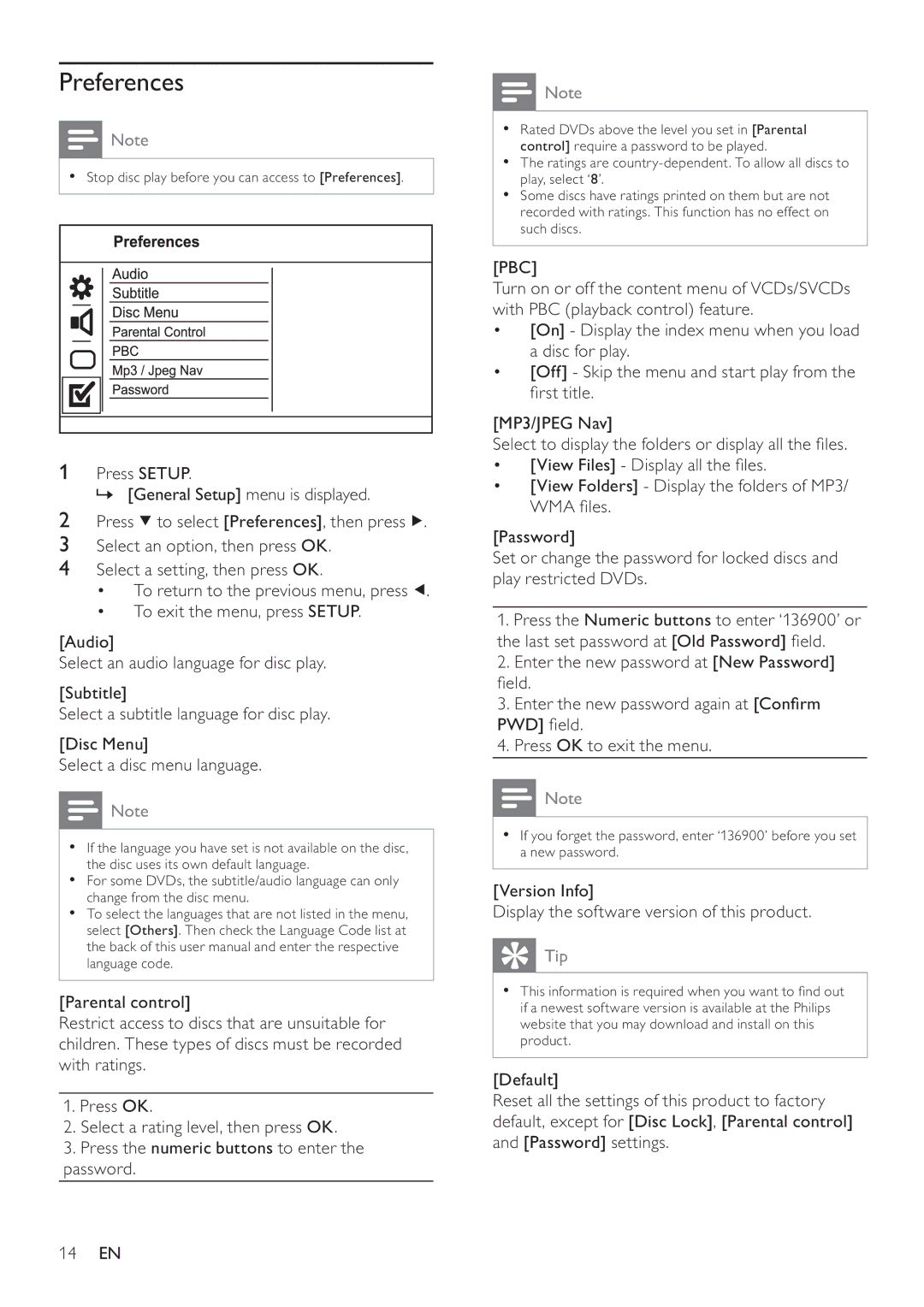 Philips DVP3100/96 user manual Preferences, Pbc, ÀuvwWlwoh, PwdÀhog 