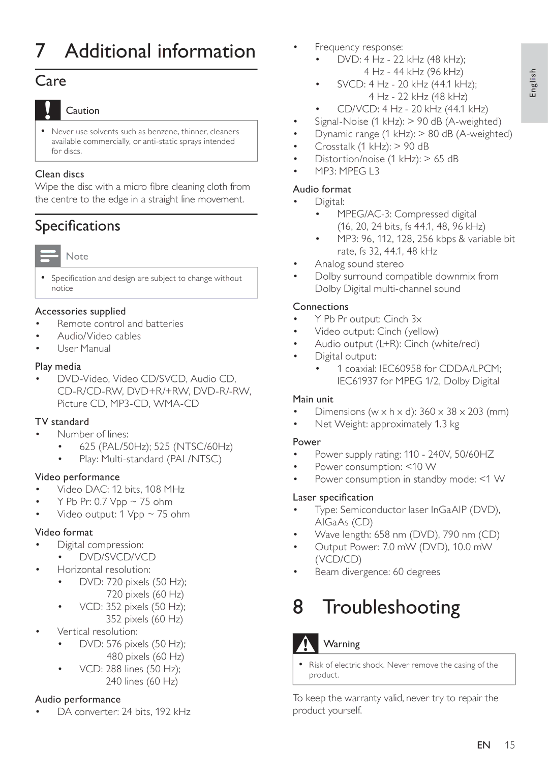 Philips DVP3100/96 Additional information, Troubleshooting, Care, Centre to the edge in a straight line movement 