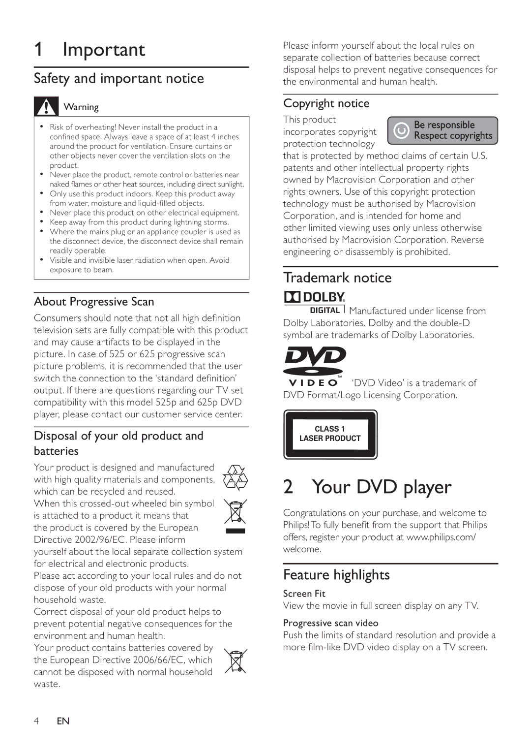 Philips DVP3100/96 user manual Your DVD player, Safety and important notice, Trademark notice, Feature highlights 