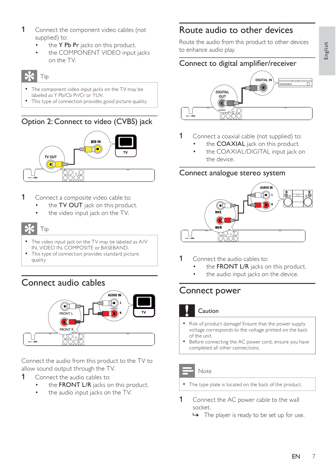 Philips DVP3100/96 Connect audio cables, Route audio to other devices, Connect power, Option 2 Connect to video Cvbs jack 