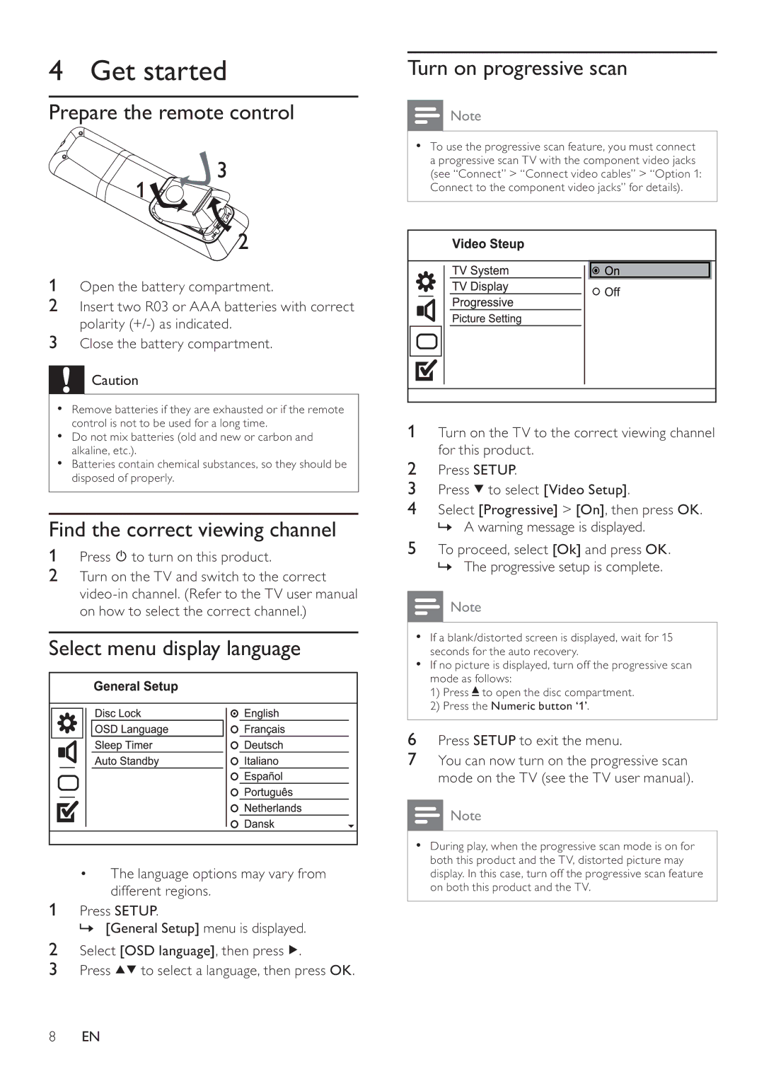 Philips DVP3100/96 Get started, Prepare the remote control, Find the correct viewing channel, Select menu display language 