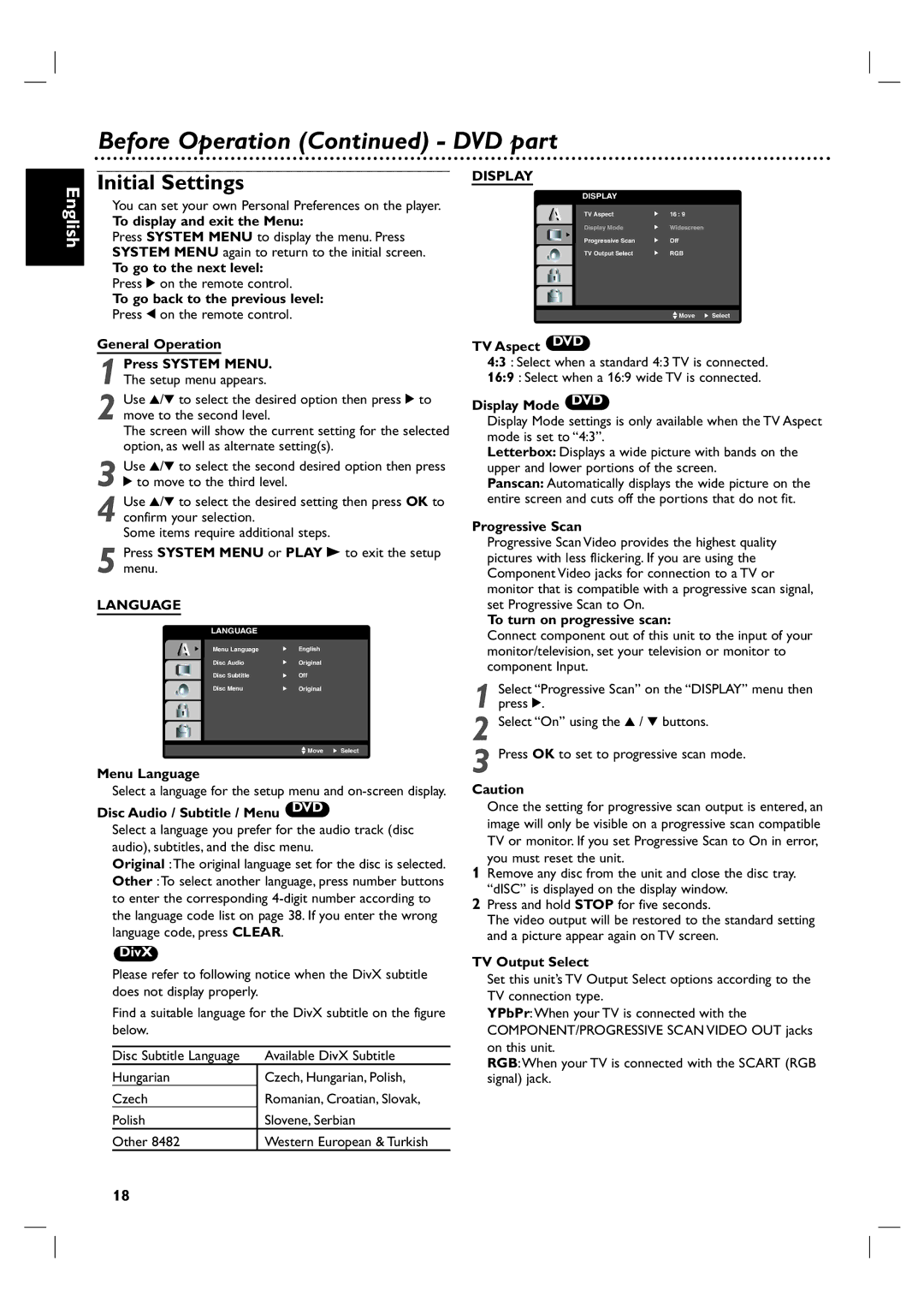 Philips DVP3100V/01 user manual Initial Settings, Language, Display 