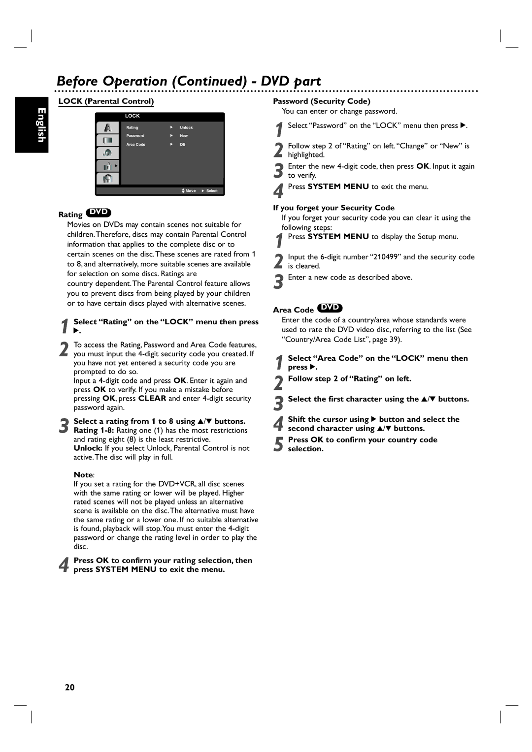 Philips DVP3100V/01 user manual Lock Parental Control, Rating DVD, Select Rating on the Lock menu then press, Area Code DVD 