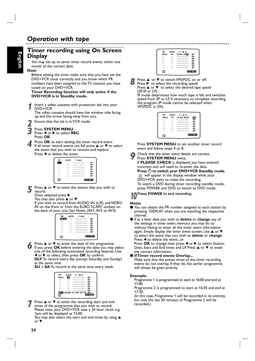 Philips DVP3100V/01 user manual Timer recording using On Screen Display, Event that you wish to remove and replace, Example 