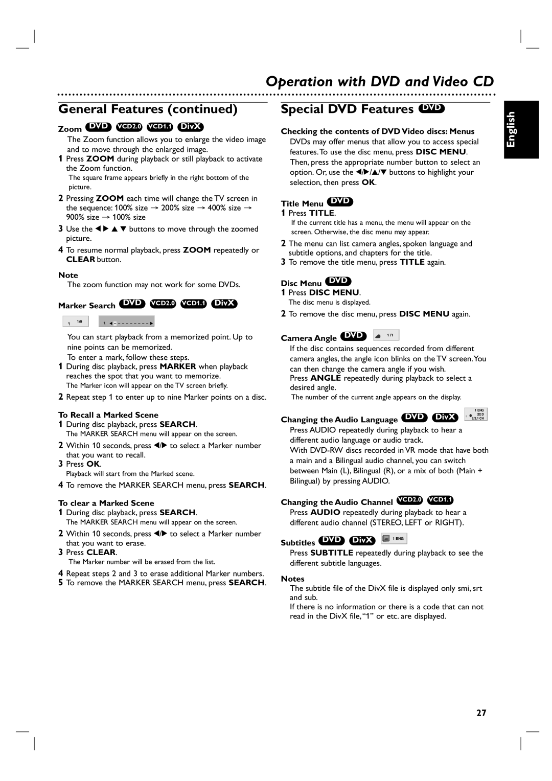 Philips DVP3100V/01 user manual Special DVD Features DVD 