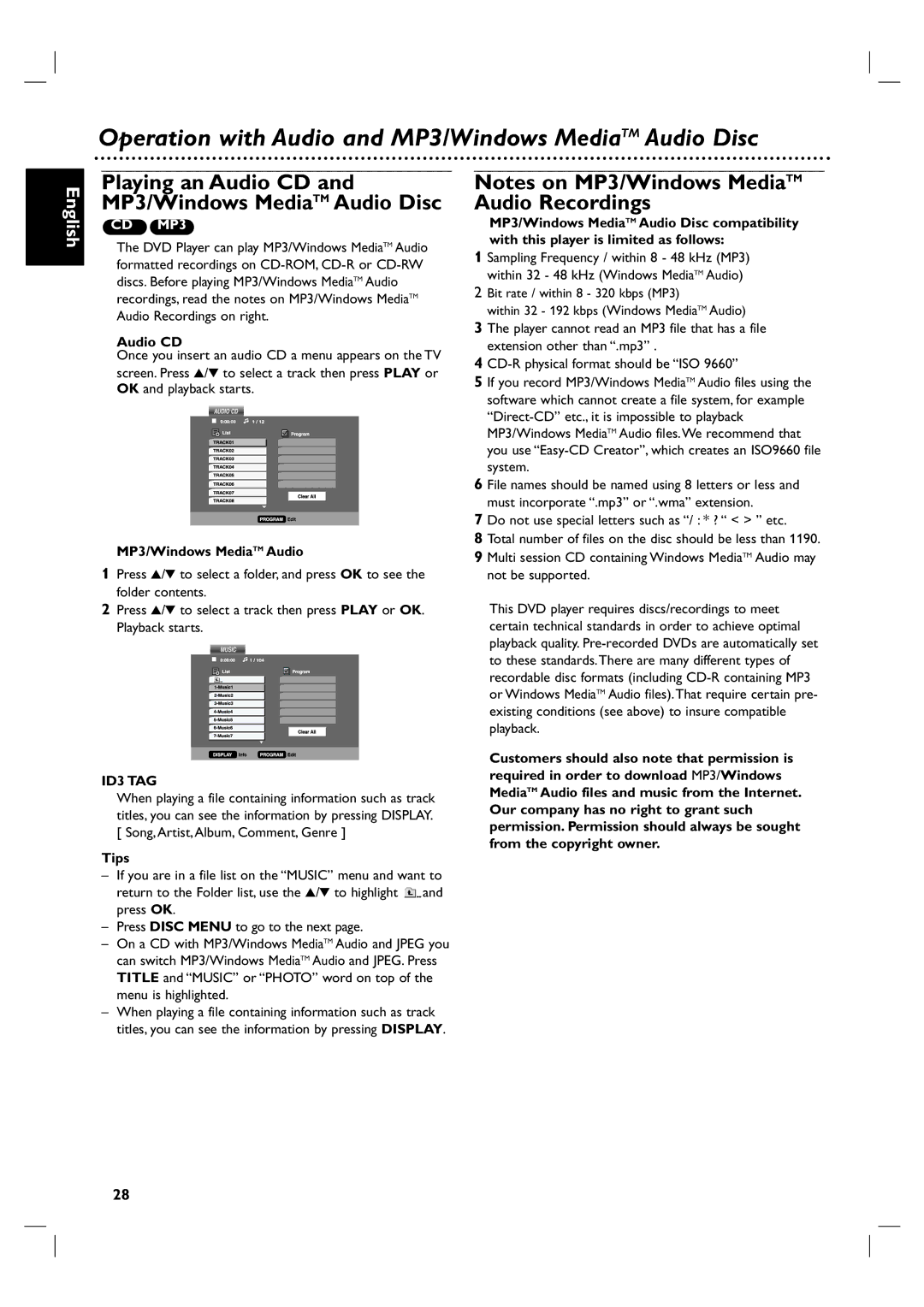 Philips DVP3100V/01 user manual Operation with Audio and MP3/Windows MediaTM Audio Disc, Audio CD, ID3 TAG 