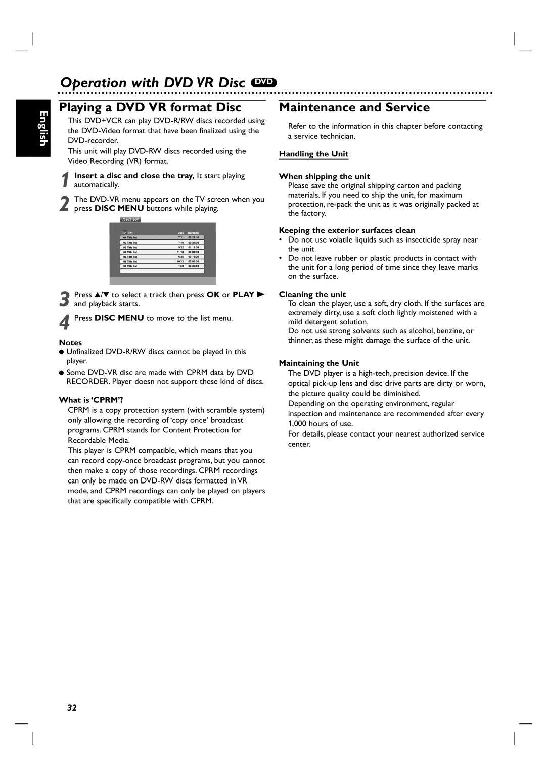 Philips DVP3100V/01 user manual Operation with DVD VR Disc DVD, Playing a DVD VR format Disc, Maintenance and Service 