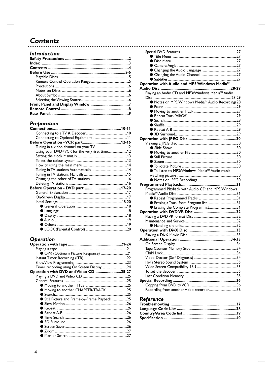 Philips DVP3100V/01 user manual Contents 