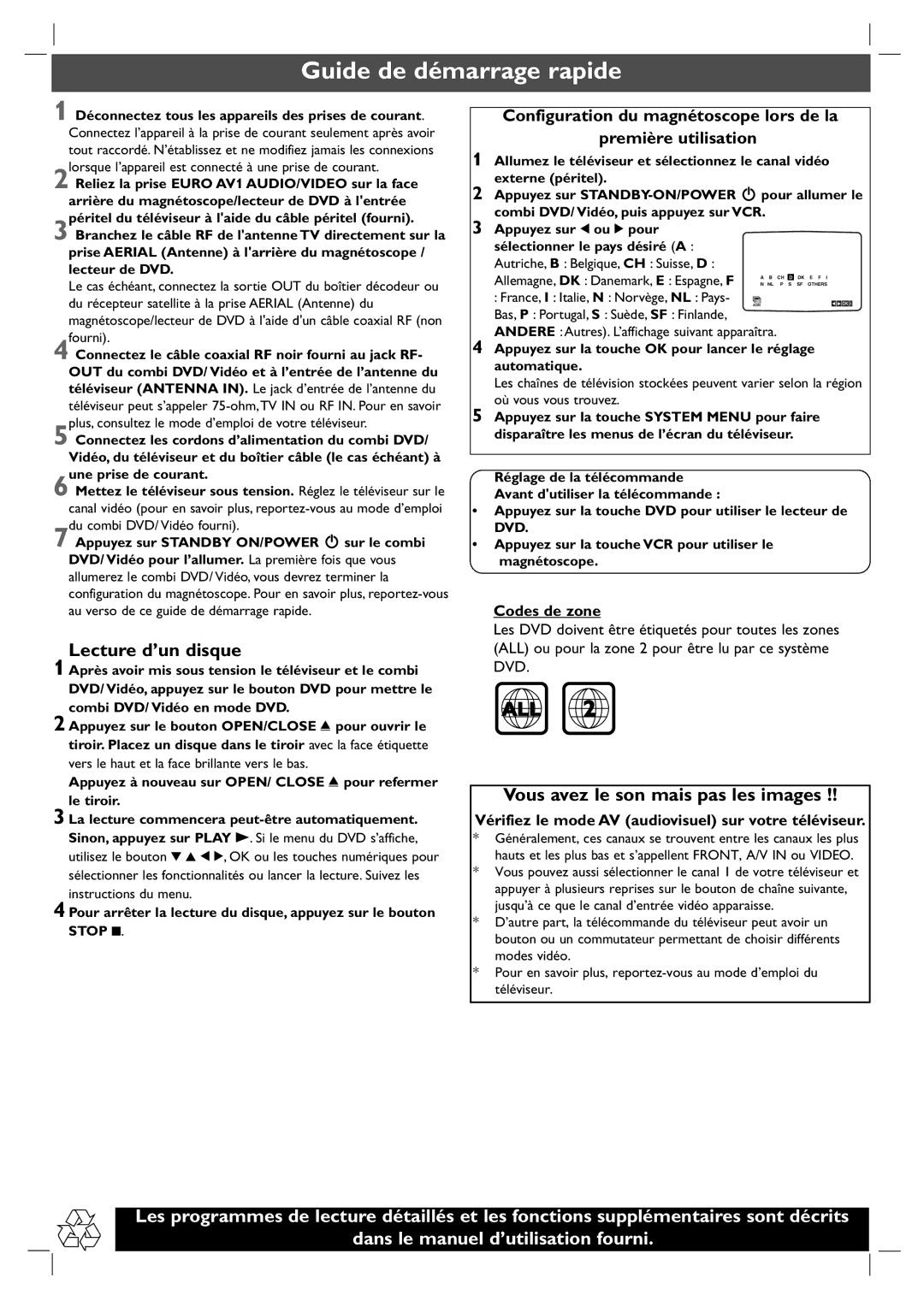 Philips DVP3100V/19 Guide de démarrage rapide, Lecture d’un disque, Vous avez le son mais pas les images, Codes de zone 