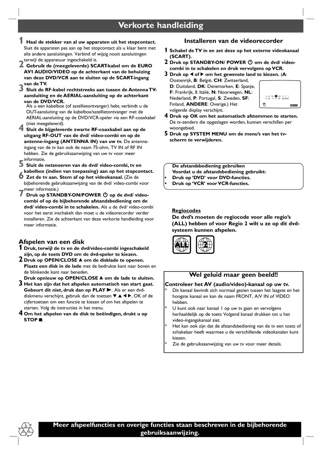 Philips DVP3100V/19 owner manual Verkorte handleiding, Afspelen van een disk, Installeren van de videorecorder 