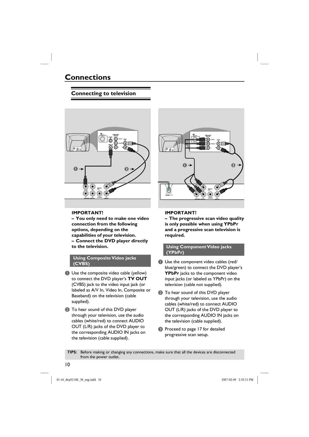 Philips DVP3110K/56 user manual Connections, Connecting to television, Using Composite Video jacks Cvbs 