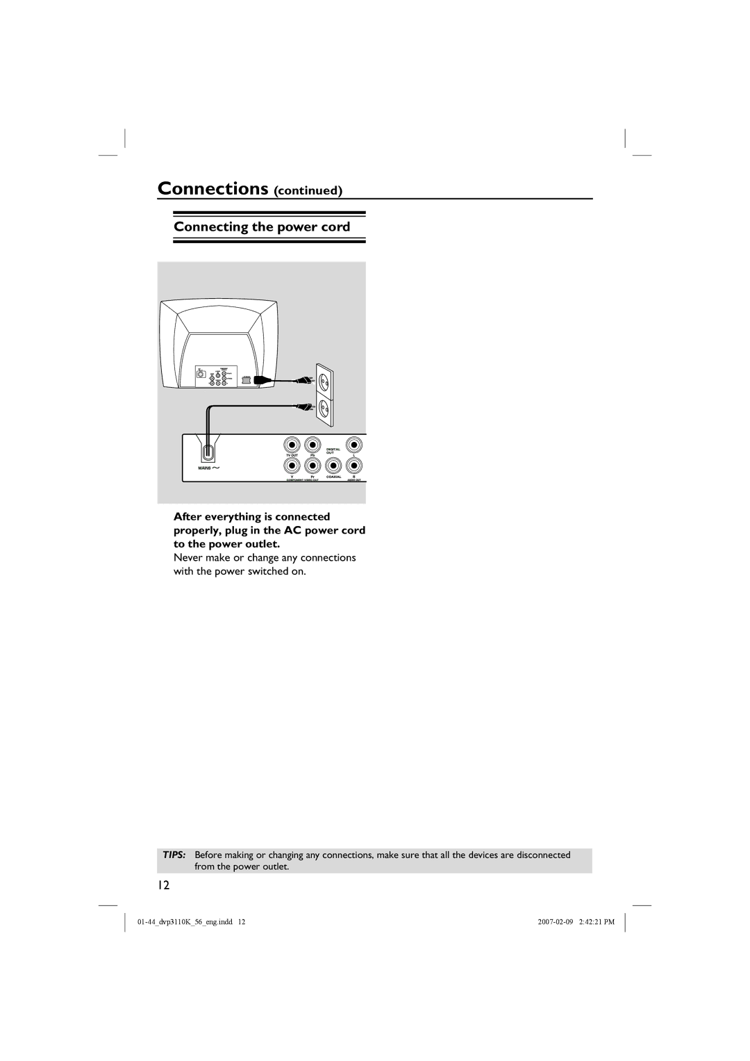 Philips DVP3110K/56 user manual Connecting the power cord 