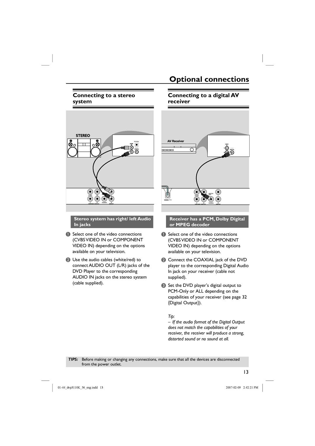 Philips DVP3110K/56 user manual Optional connections, Tip 