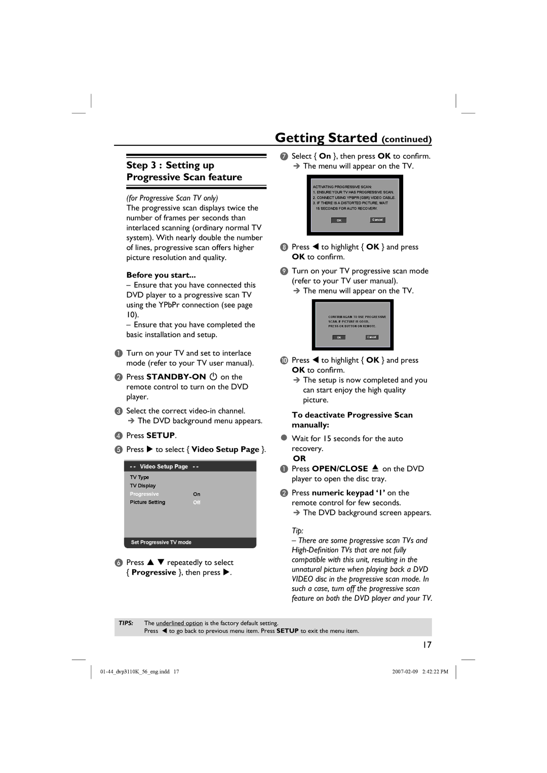 Philips DVP3110K/56 user manual Before you start, To deactivate Progressive Scan manually, DVD background screen appears 