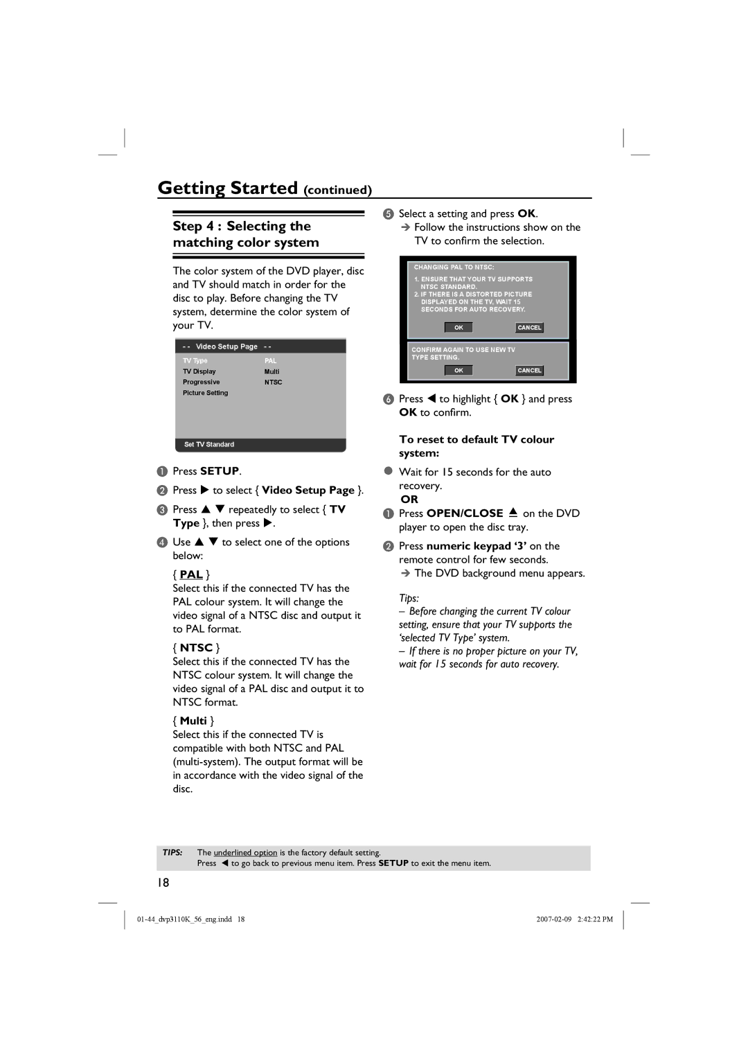 Philips DVP3110K/56 user manual Selecting the matching color system, Pal, Ntsc, Multi, To reset to default TV colour system 