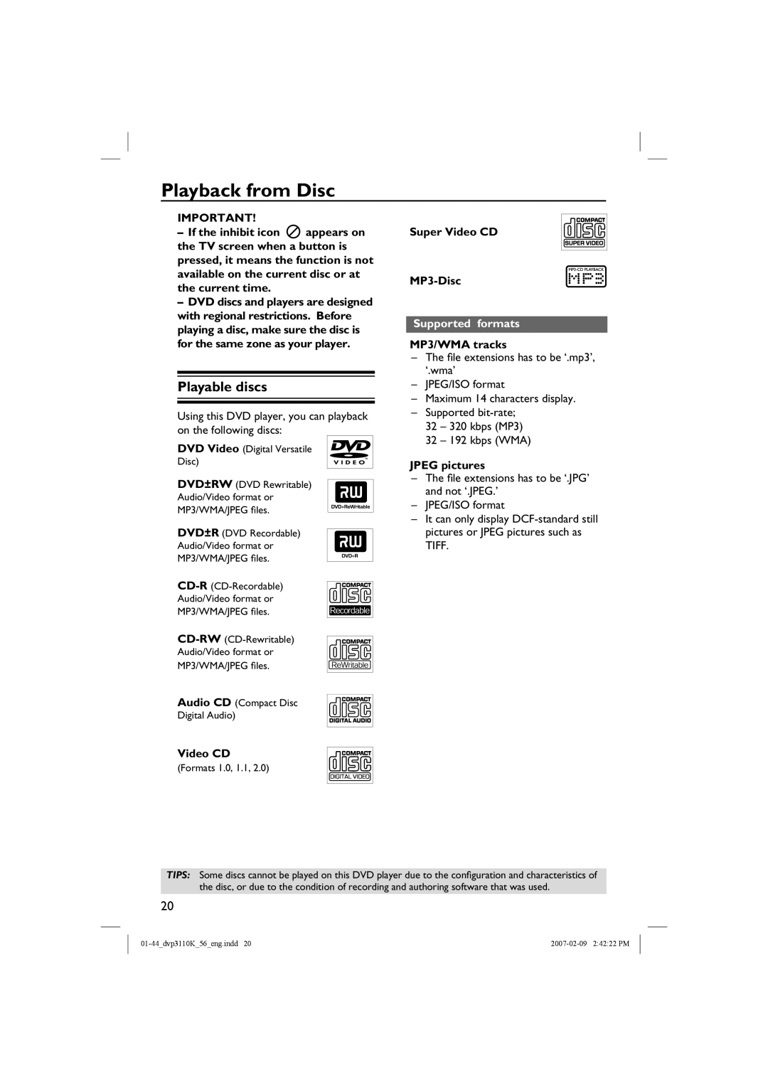 Philips DVP3110K/56 user manual Playback from Disc, Playable discs, Supported formats 