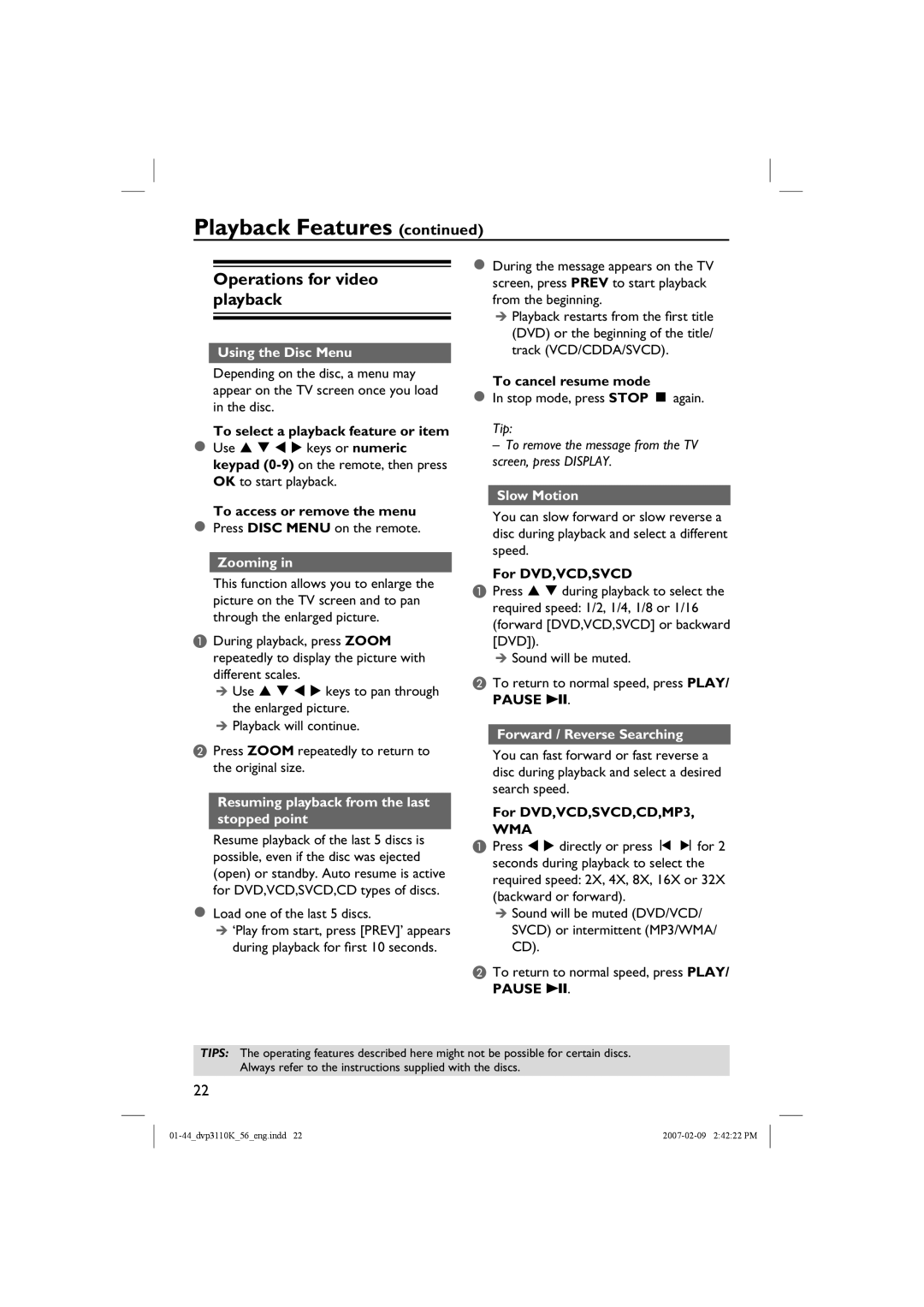 Philips DVP3110K/56 user manual Operations for video playback, Wma 