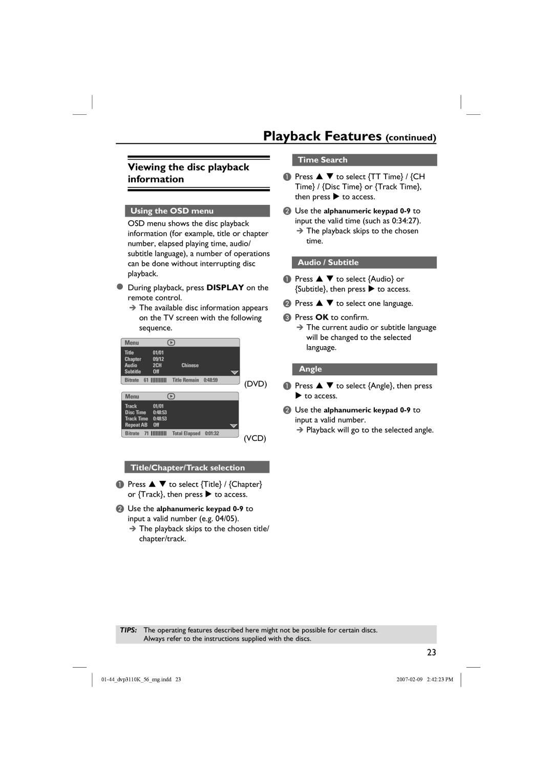 Philips DVP3110K/56 user manual Viewing the disc playback information 