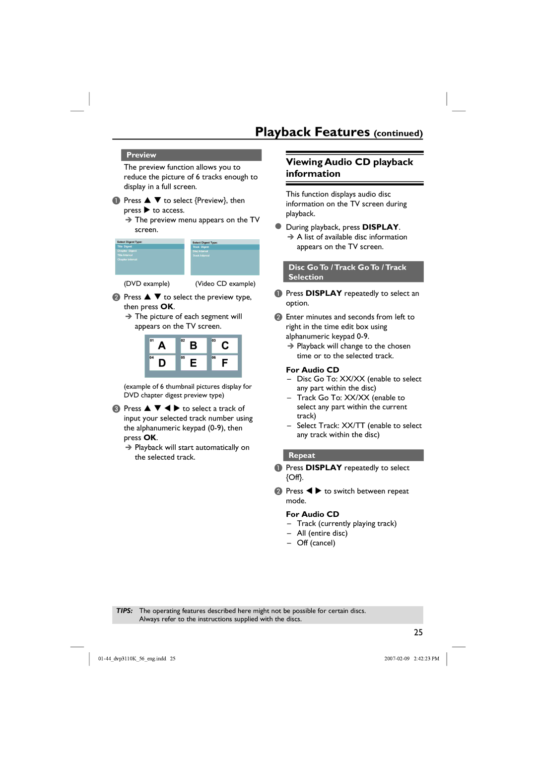 Philips DVP3110K/56 user manual Viewing Audio CD playback information, Preview, Disc Go To / Track Go To / Track Selection 