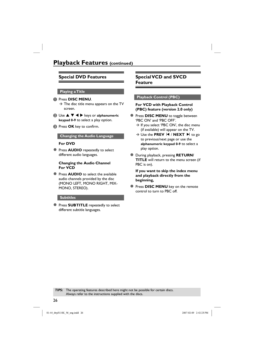 Philips DVP3110K/56 user manual Special DVD Features, Special VCD and Svcd Feature 