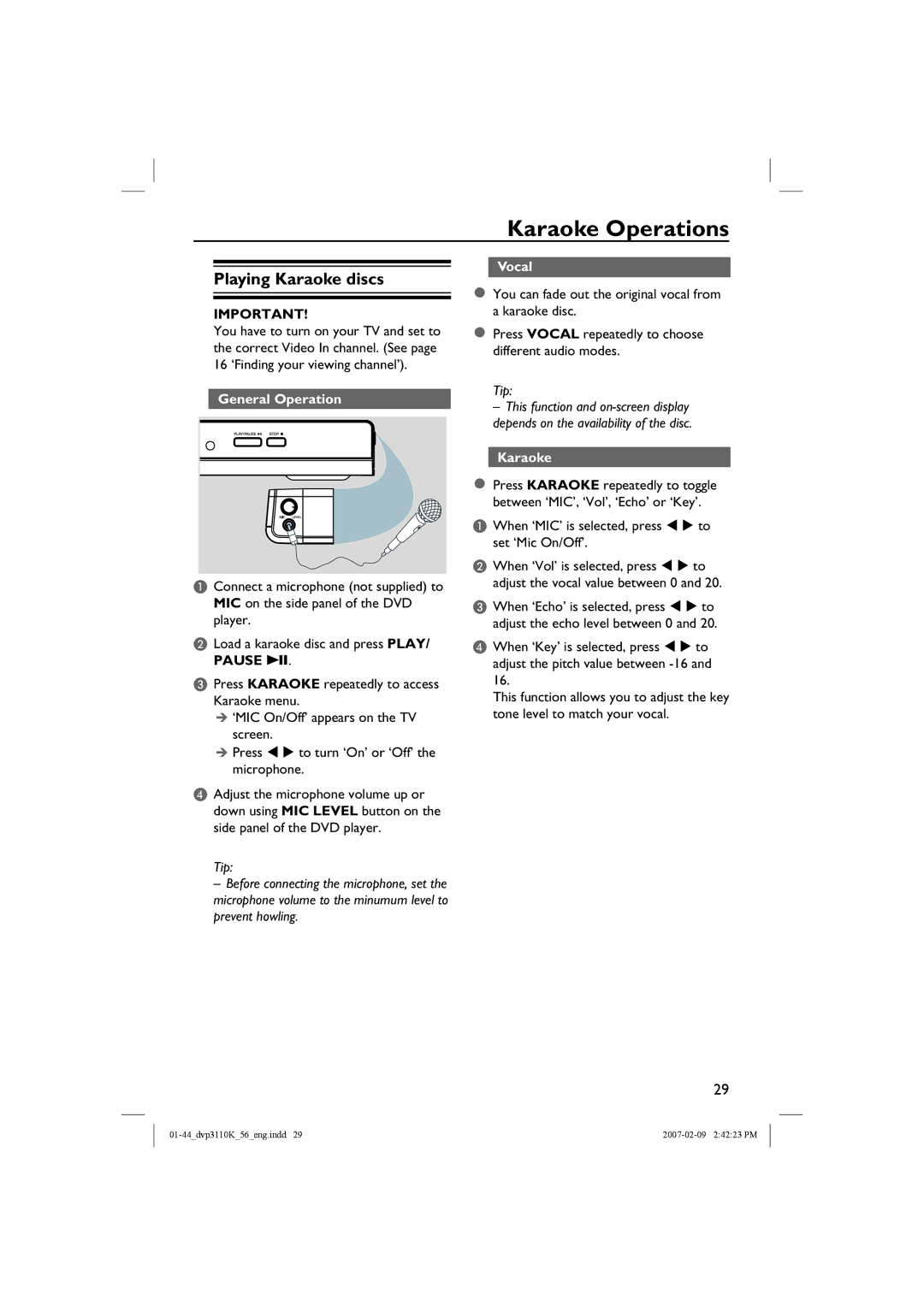 Philips DVP3110K/56 user manual Karaoke Operations, Playing Karaoke discs, Vocal 