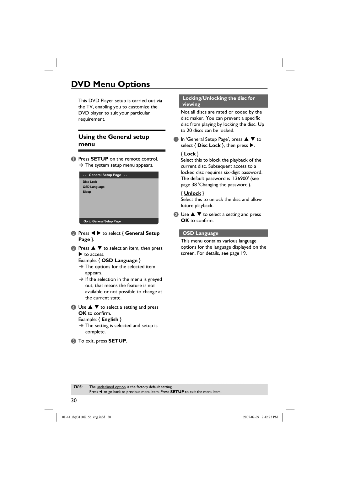 Philips DVP3110K/56 DVD Menu Options, Using the General setup menu, Locking/Unlocking the disc for viewing, OSD Language 