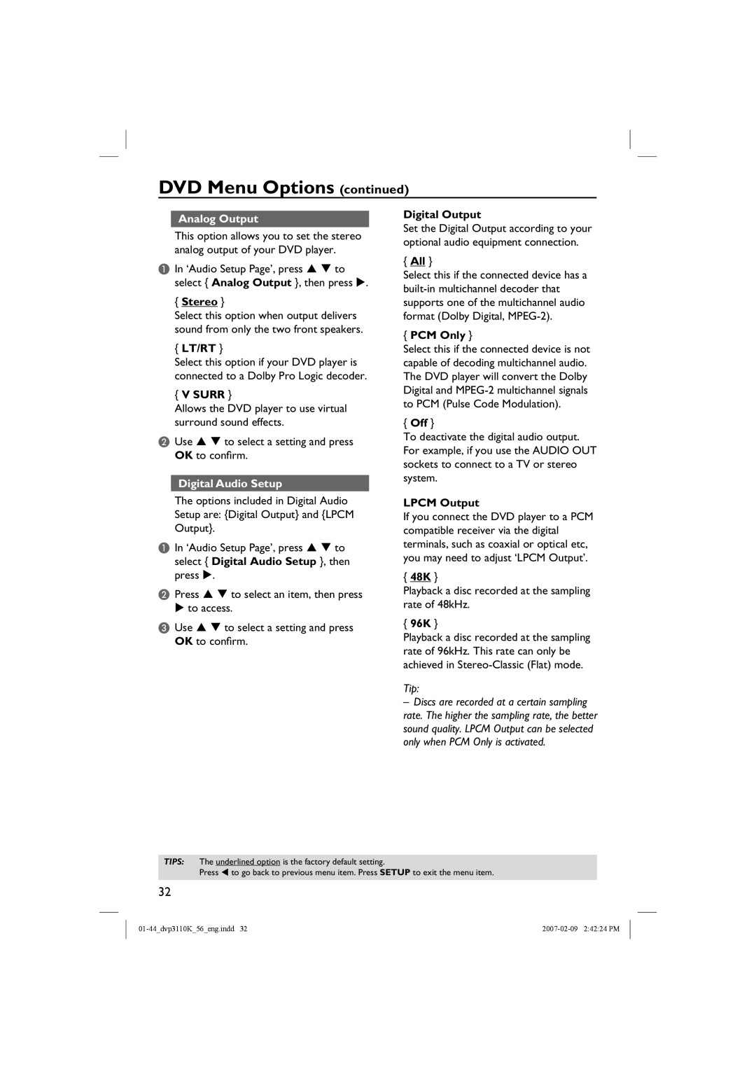 Philips DVP3110K/56 user manual Analog Output, Digital Audio Setup 