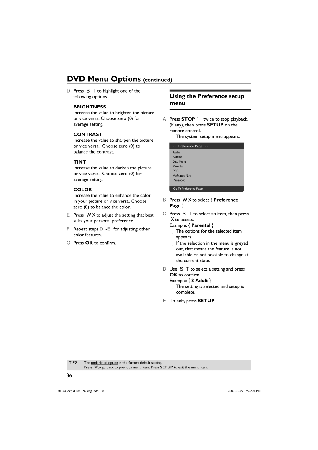 Philips DVP3110K/56 user manual Using the Preference setup menu, Brightness, Contrast, Tint, Color 