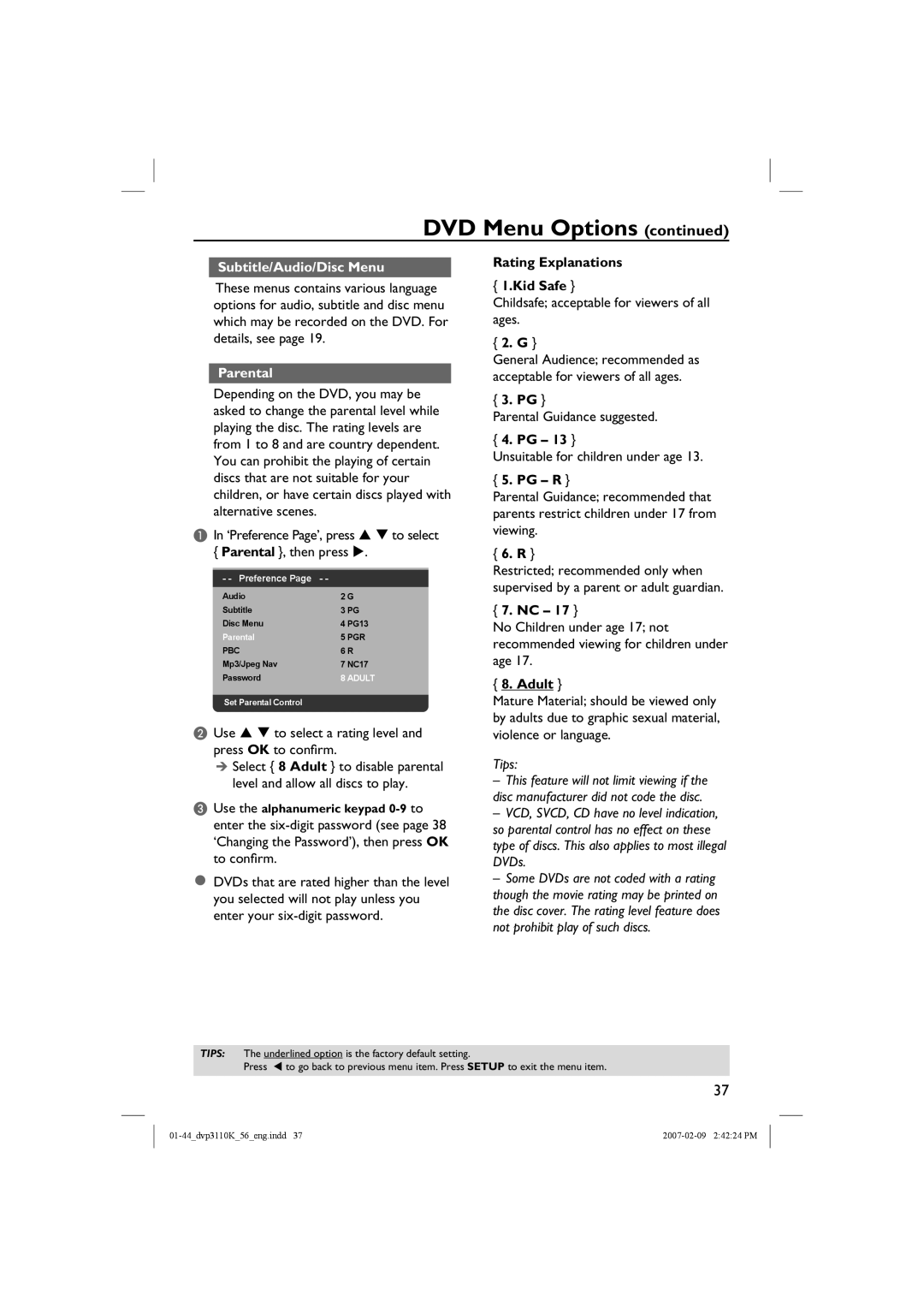 Philips DVP3110K/56 user manual Subtitle/Audio/Disc Menu, Parental, Rating Explanations Kid Safe, Pg R, Adult 