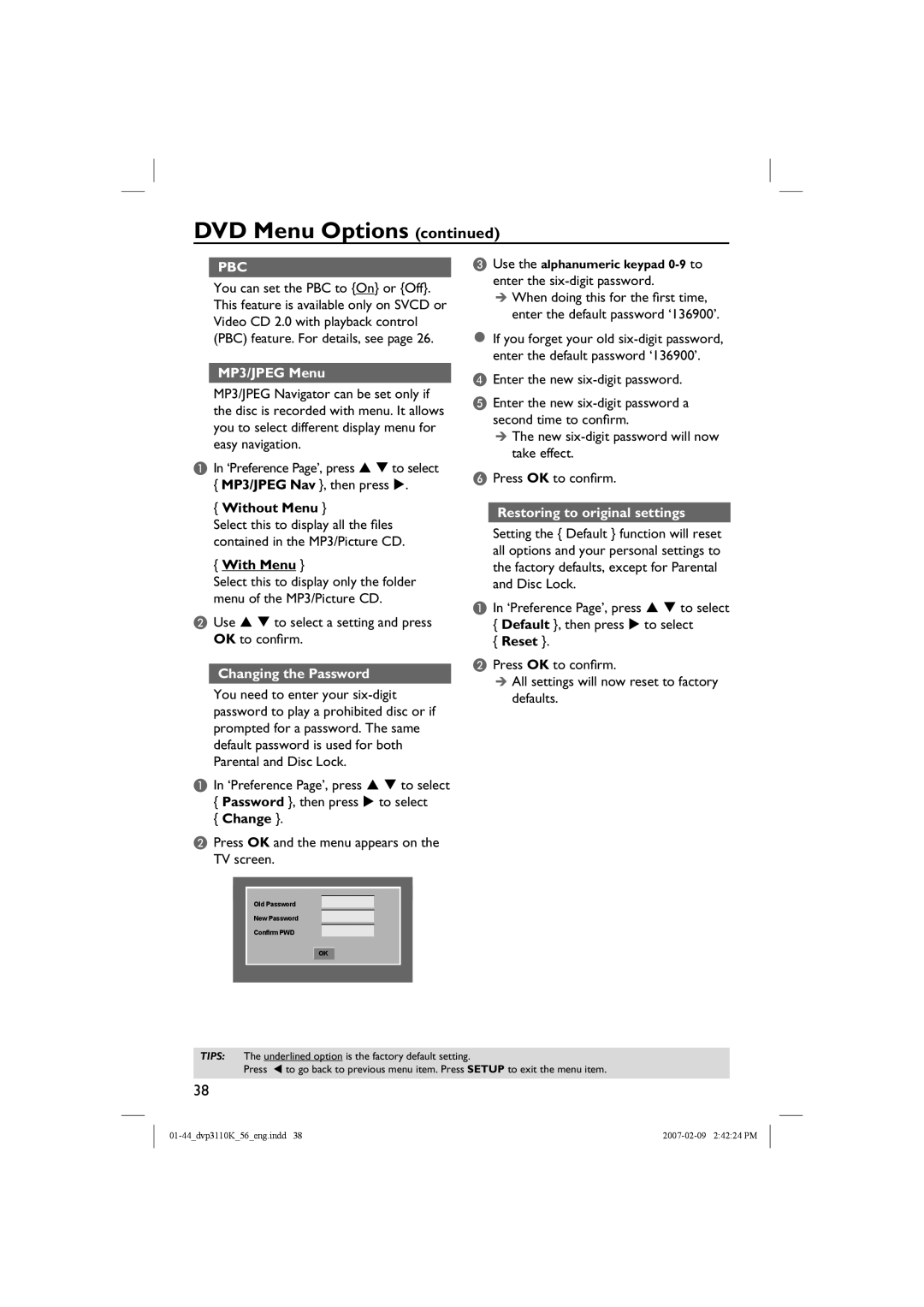 Philips DVP3110K/56 user manual MP3/JPEG Menu, Changing the Password, Restoring to original settings 