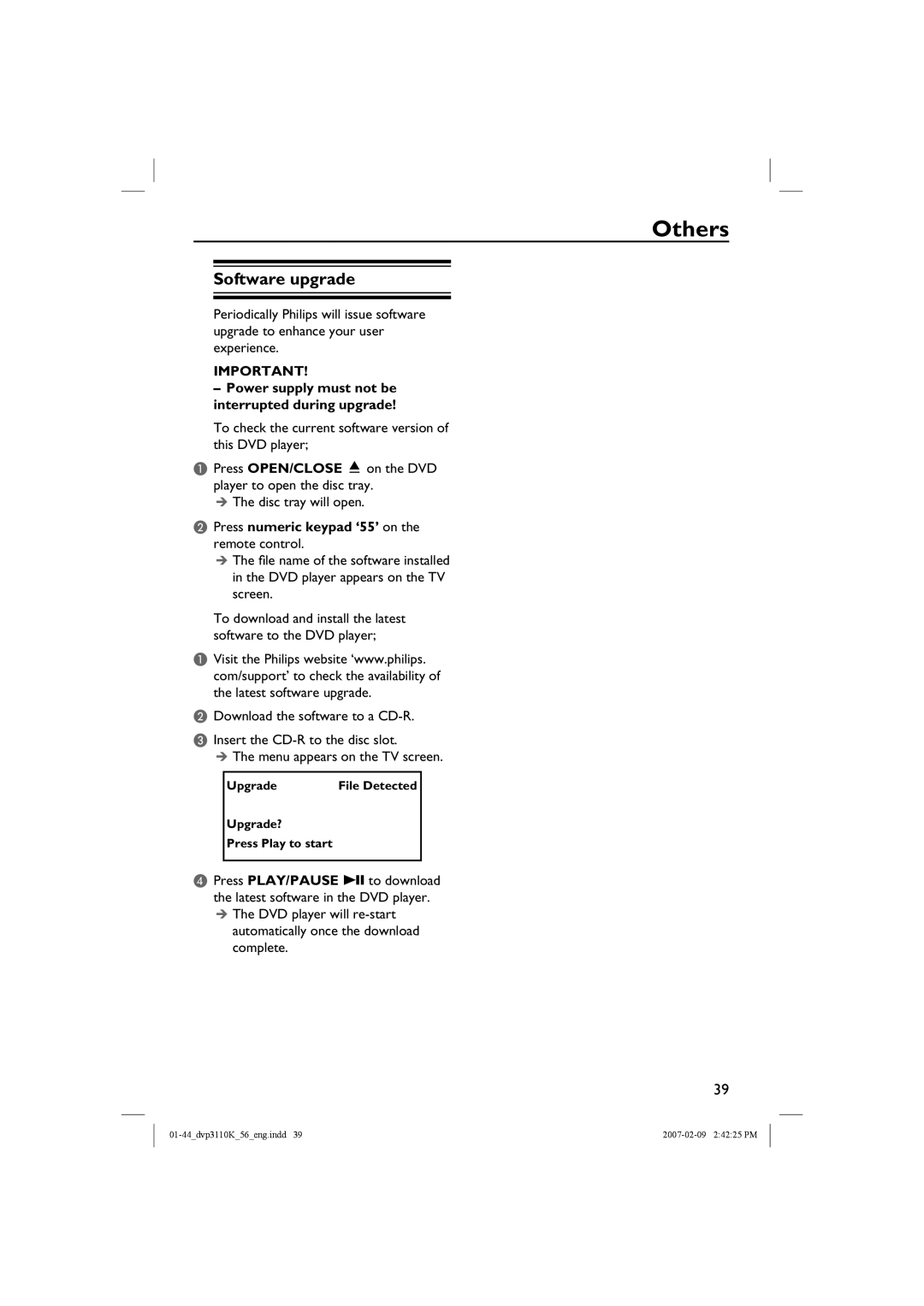 Philips DVP3110K/56 user manual Others, Software upgrade, Power supply must not be interrupted during upgrade 