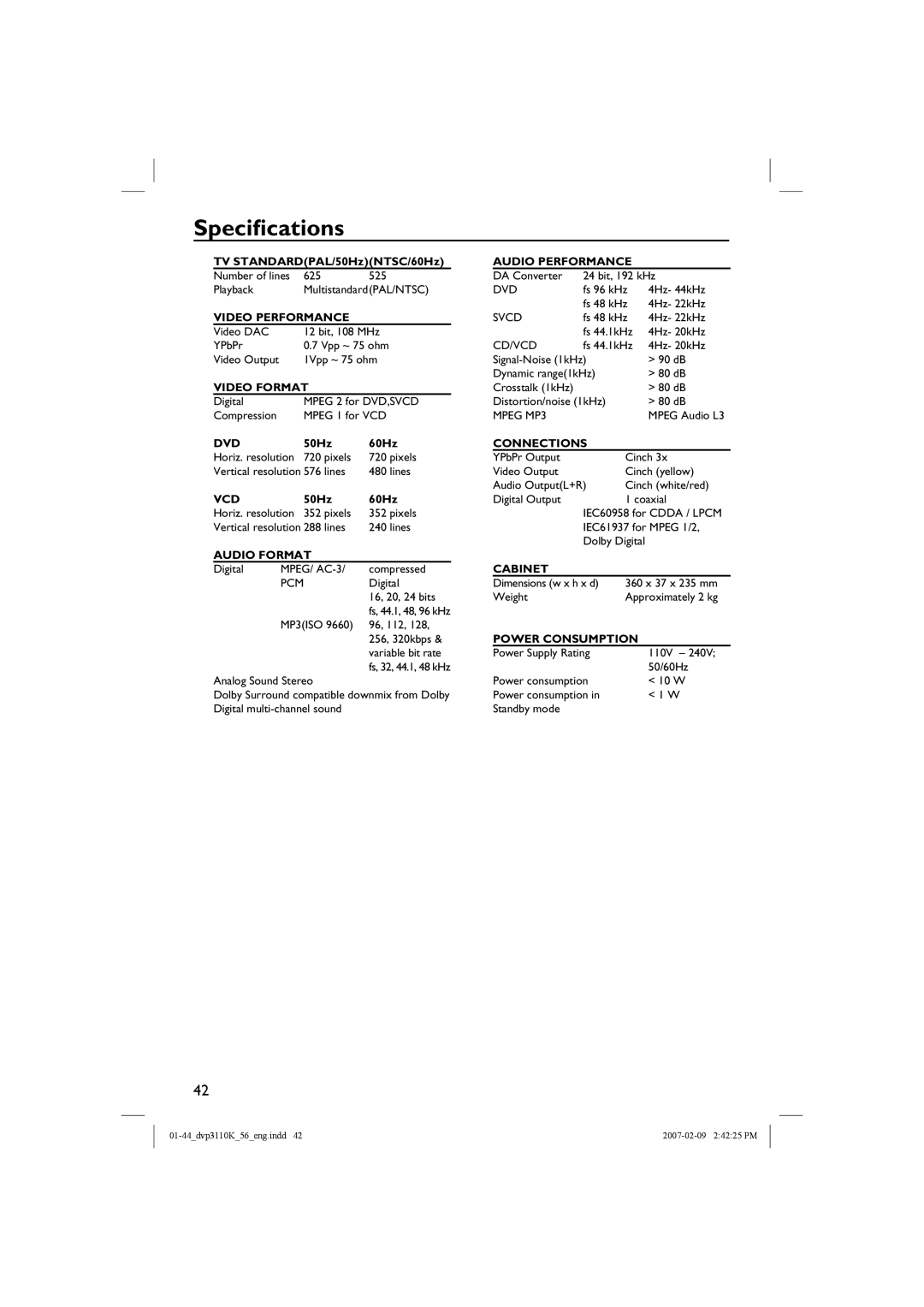 Philips DVP3110K/56 user manual Specifications, Audio Format 