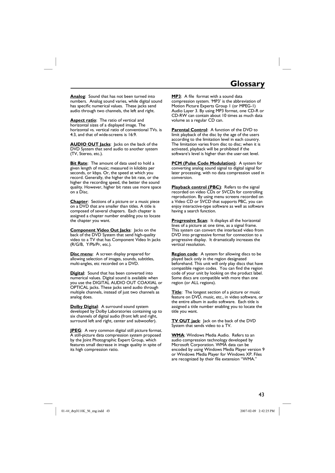 Philips DVP3110K/56 user manual Glossary 