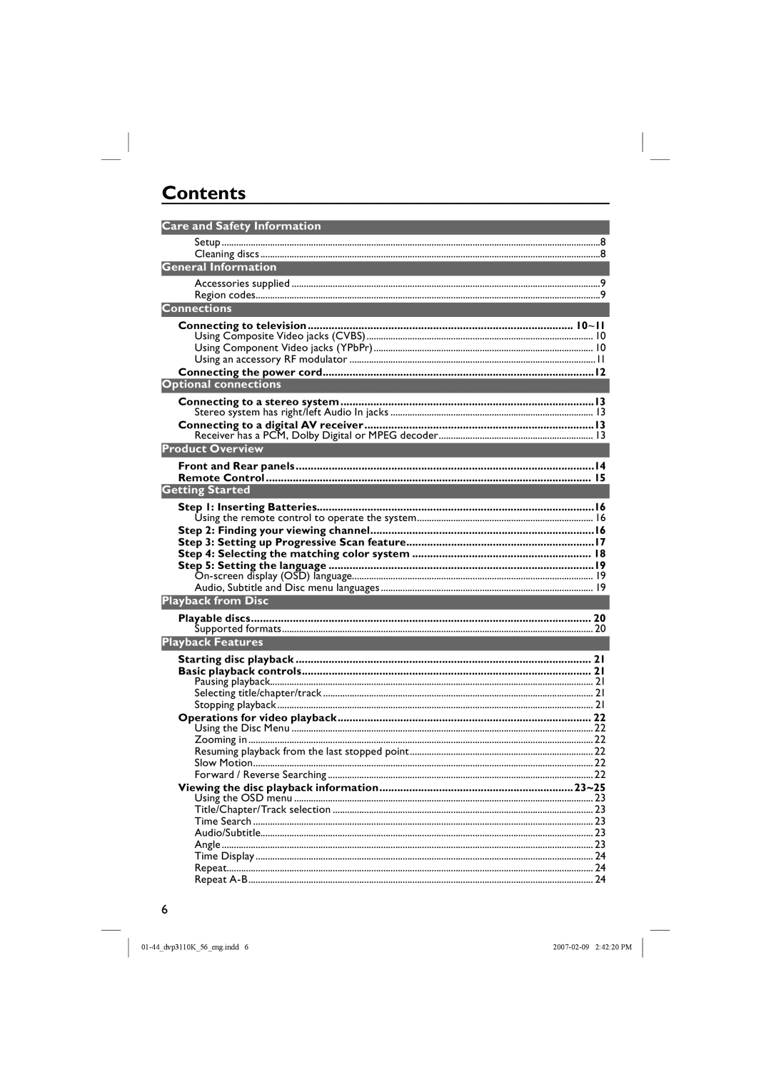 Philips DVP3110K/56 user manual Contents 